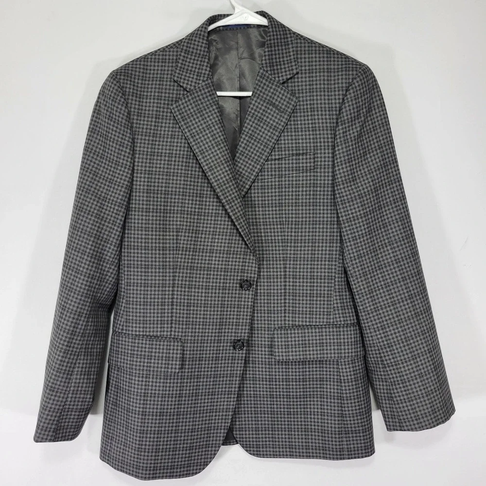 Stafford Men's‎ Sport Coat Blazer Two Button Gray Checked Plaid Poly Blend 36S